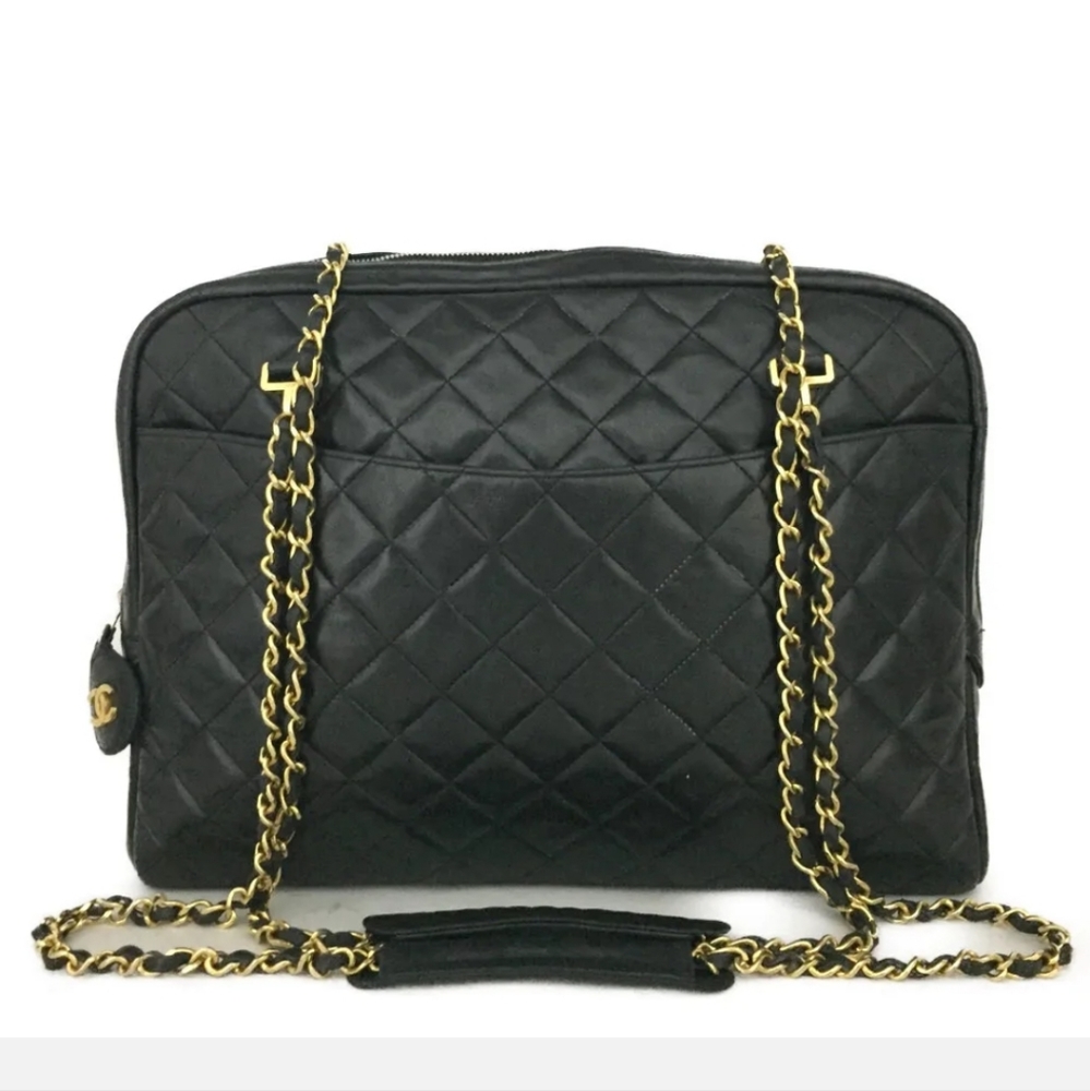 CHANEL Quilted Matelasse Lambskin CC Logo Chain Shoulder Tote Bag Black